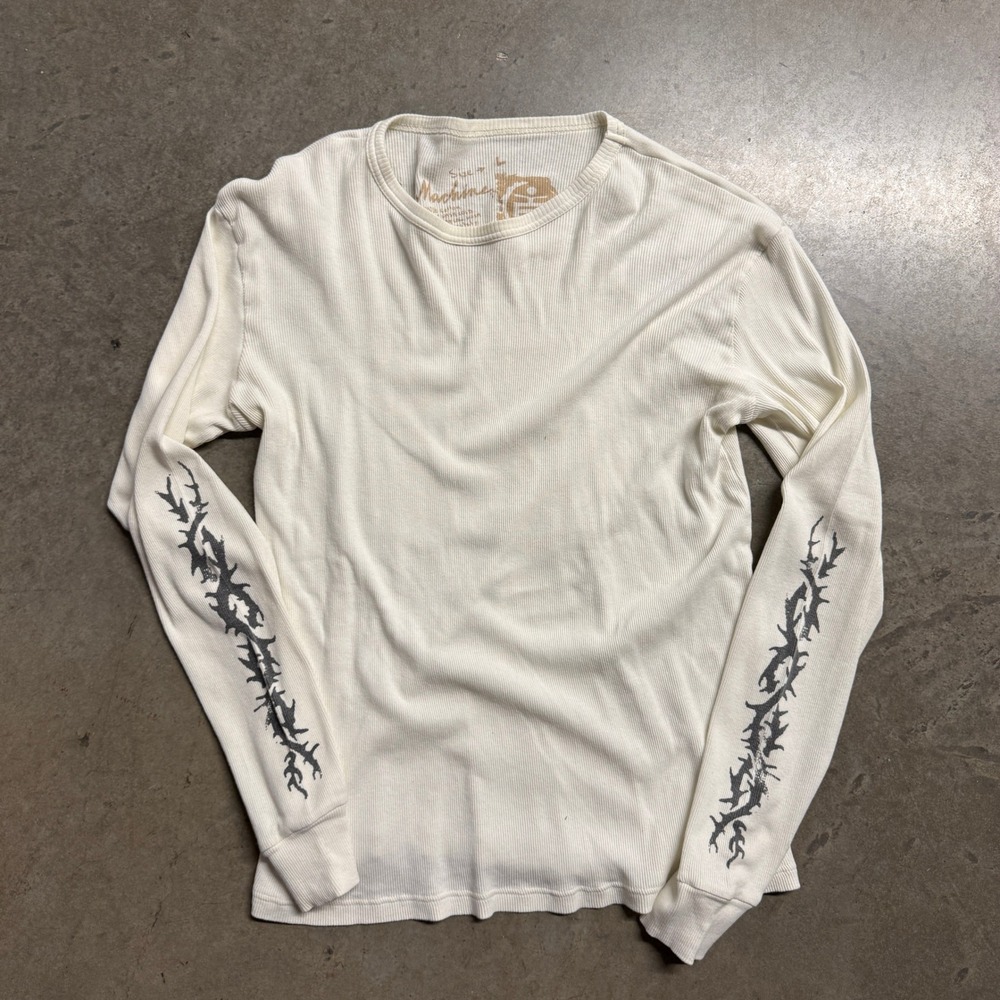 Machine Mens Cream Ribbed Thermal Long Sleeve Shirt Gothic Sleeve Graphic Large